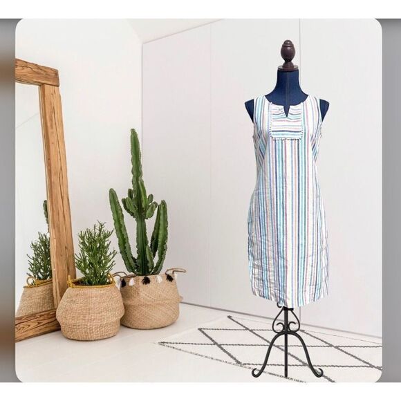Talbots Colorful Striped Linen Blend Boho Pom Pom Shift Dress Size 4 - Picture 1 of 10